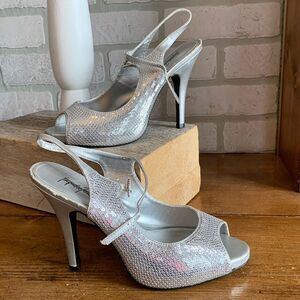 Jacqueline Ferrar Silver Rhinestone Diamond Open Toe Classy Sexy High Heels
